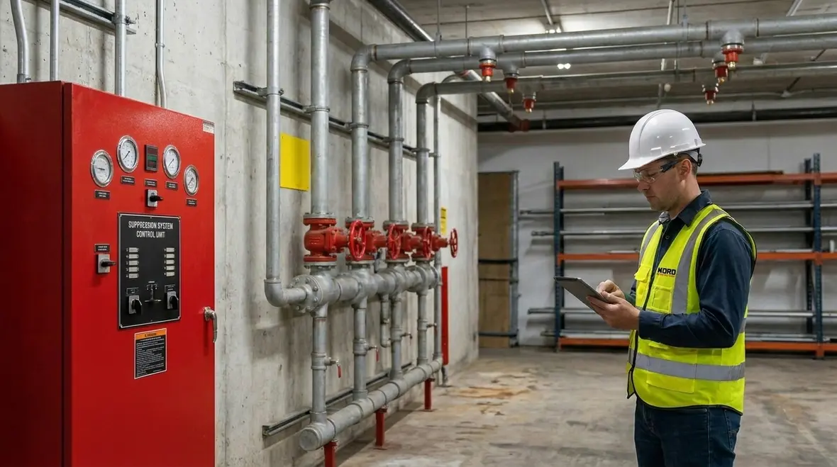 Fire suppression system hardware and discharge planning for compliance