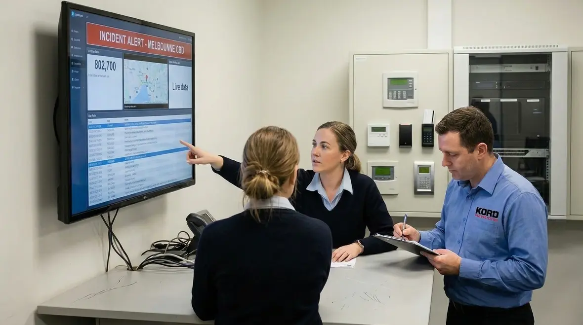 Technician reviewing smart fire alarm device diagnostics in an Australian facility