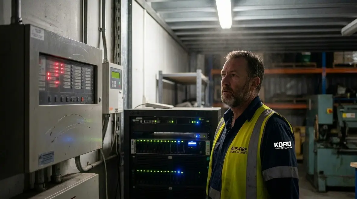 Smart fire alarm monitoring dashboard and connected sensors in a commercial building