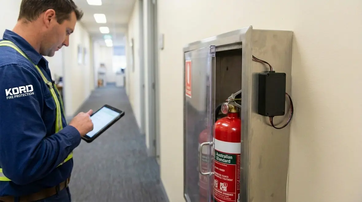 IoT monitored fire extinguisher station in a commercial building