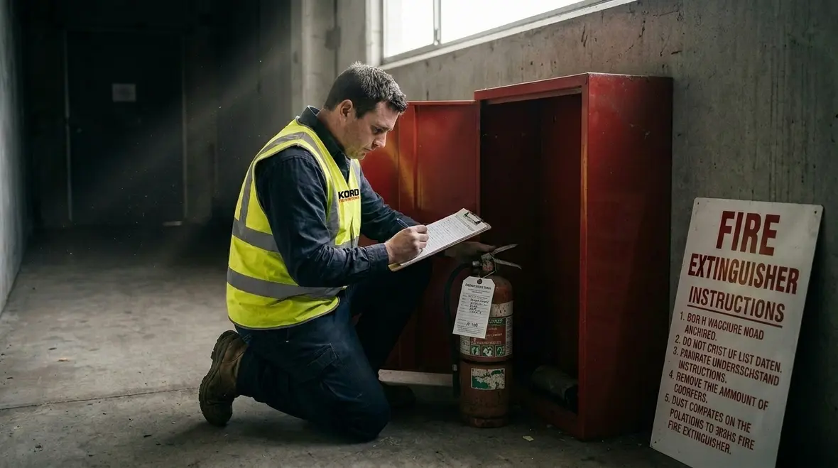 Facility manager reviewing smart extinguisher monitoring alerts on tablet