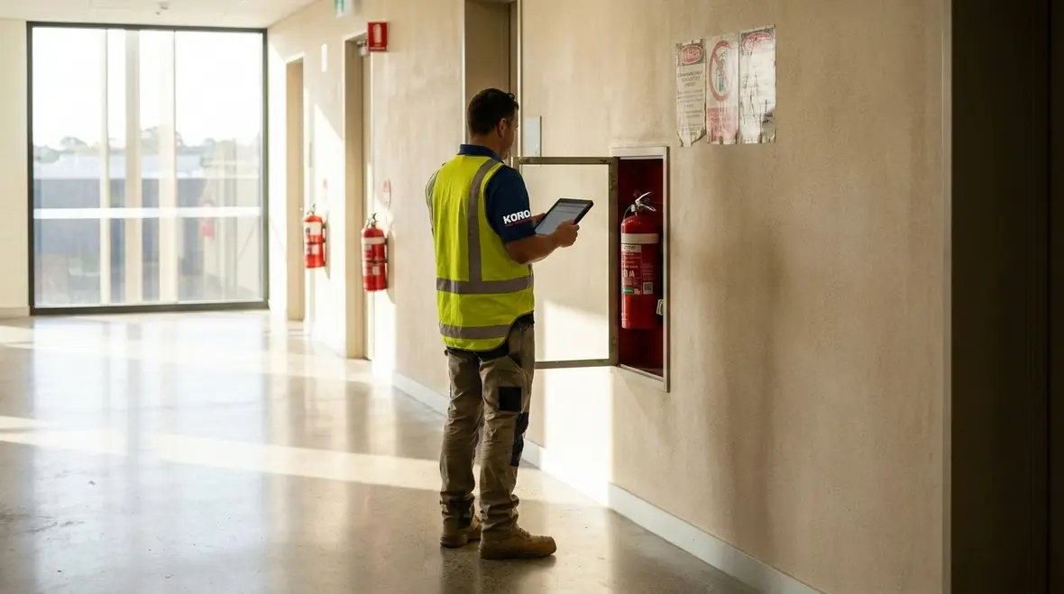 Smart fire extinguisher monitoring device installed on extinguisher in facility