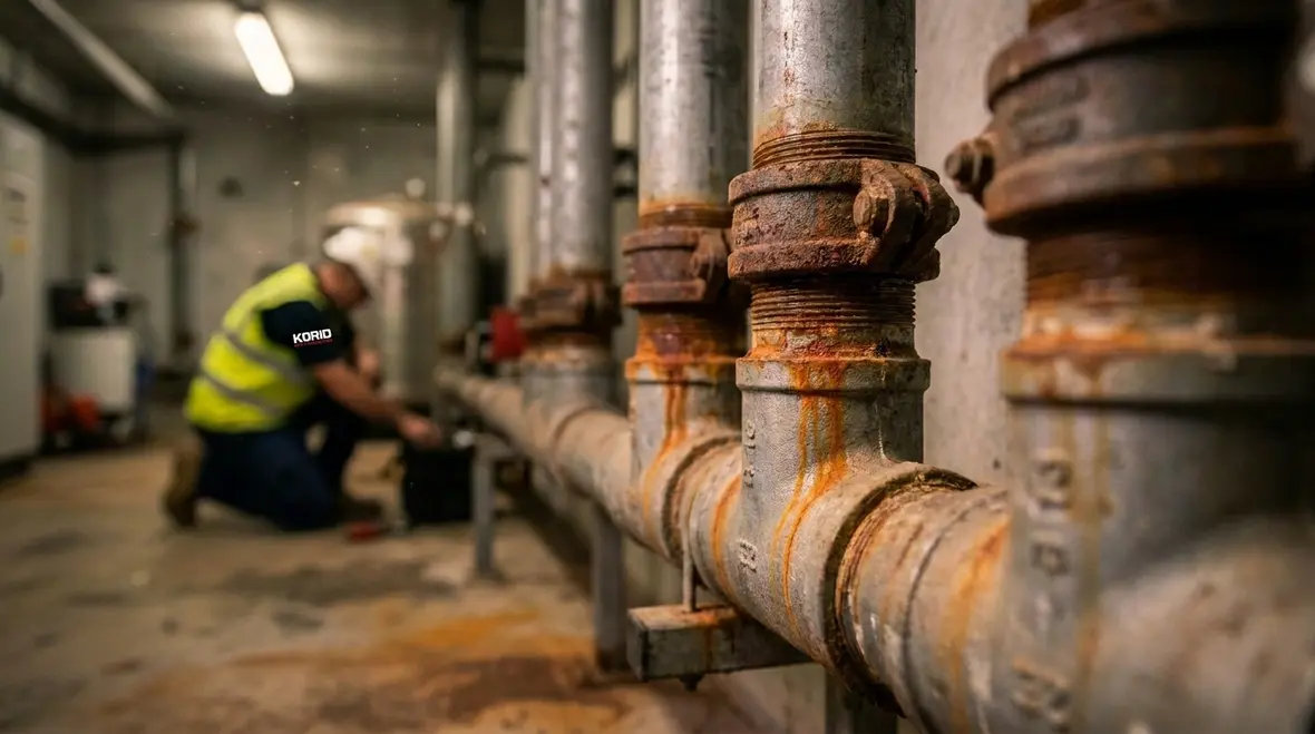 Technician inspecting sprinkler system piping corrosion in a commercial facility