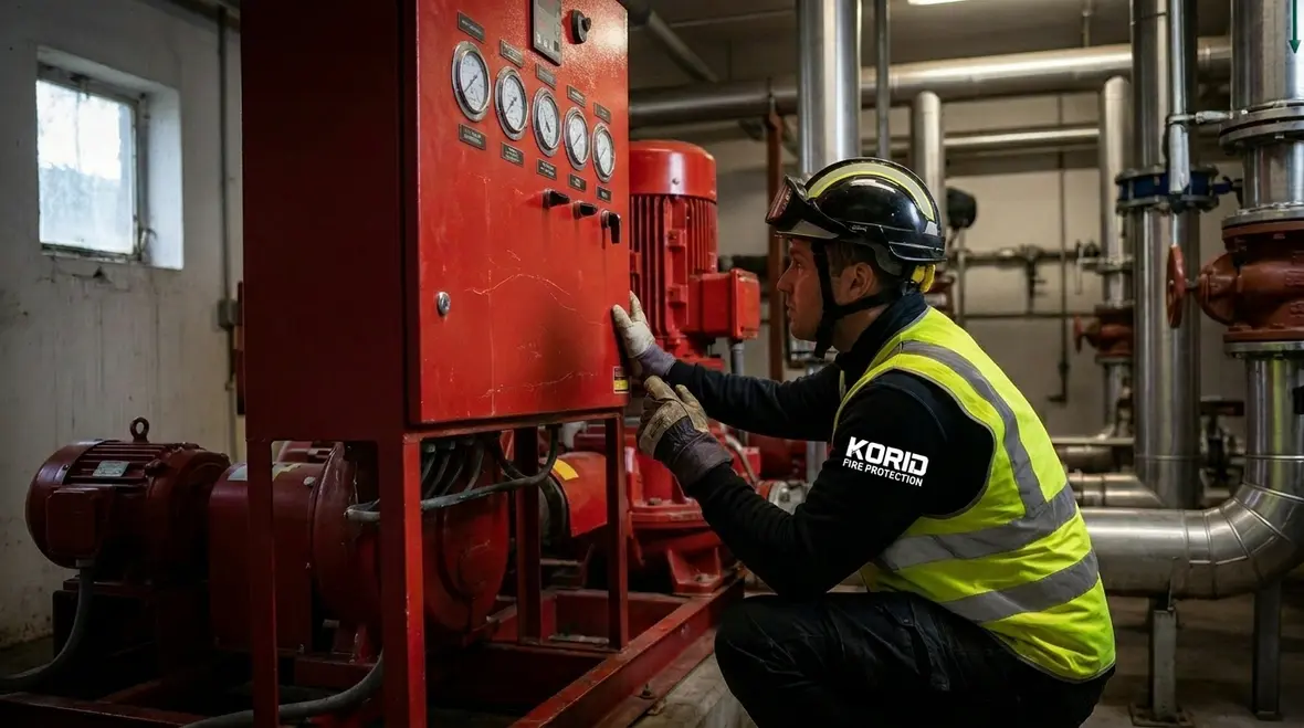 Technician reviewing sprinkler system pressure maintenance gauges in a commercial building