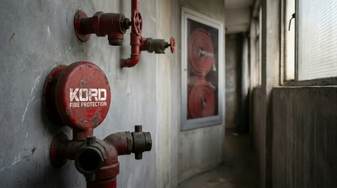 Pressure gauge testing on upper floor standpipe outlet in commercial building