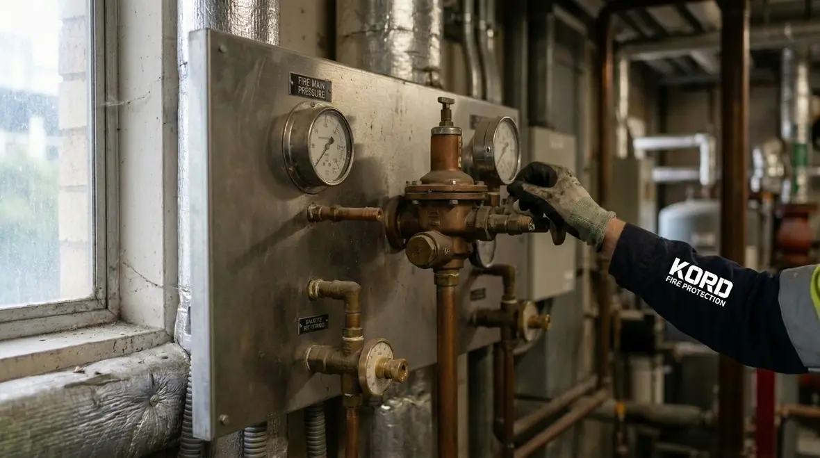Technician reviewing commercial standpipe pressure regulation and outlet readings