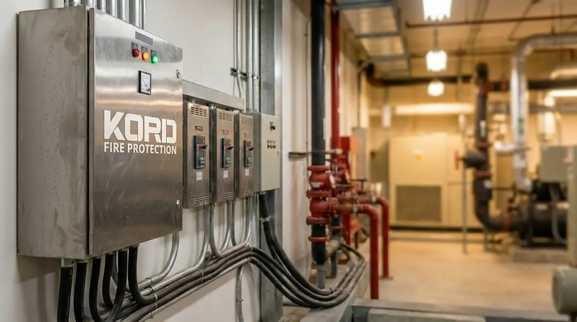 Technician reviewing standpipe system electrical monitoring equipment in a high rise plant room