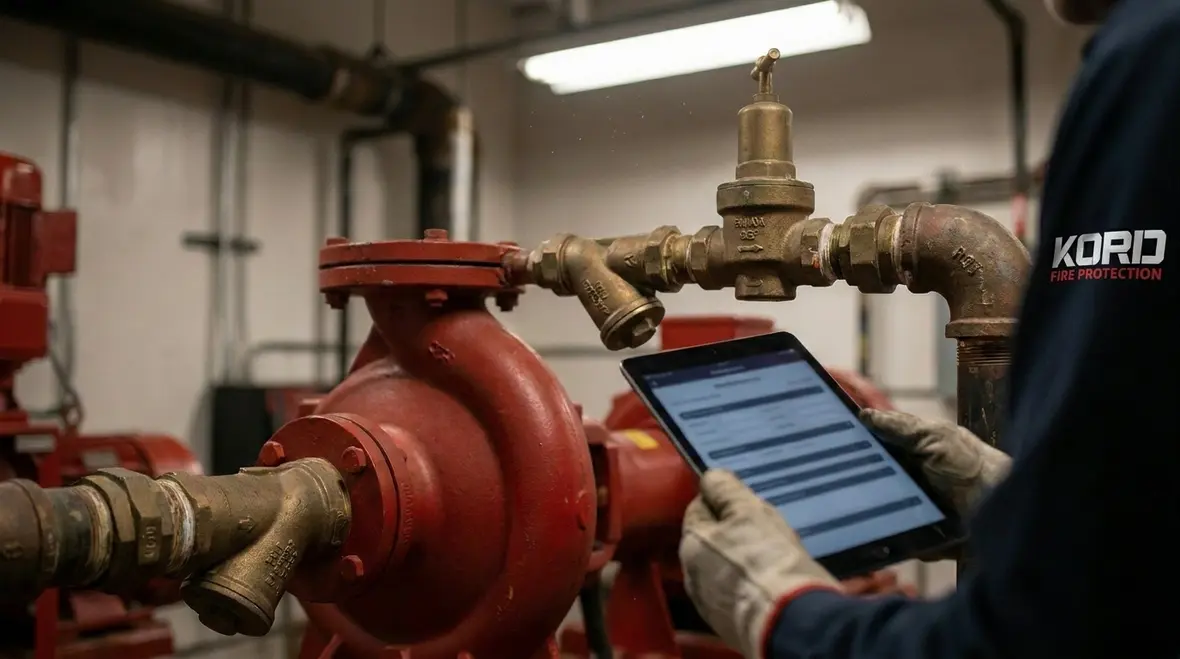 Fire protection technician verifying standpipe pressure and flow