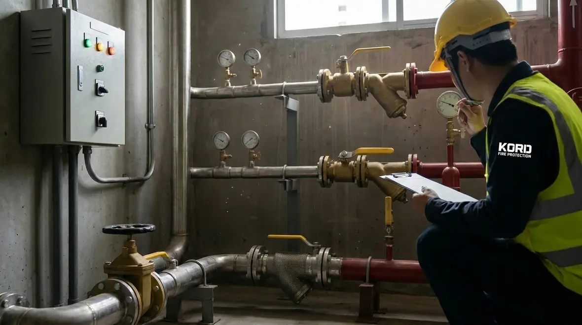 Technician checking standpipe pressure components in a high rise plant room