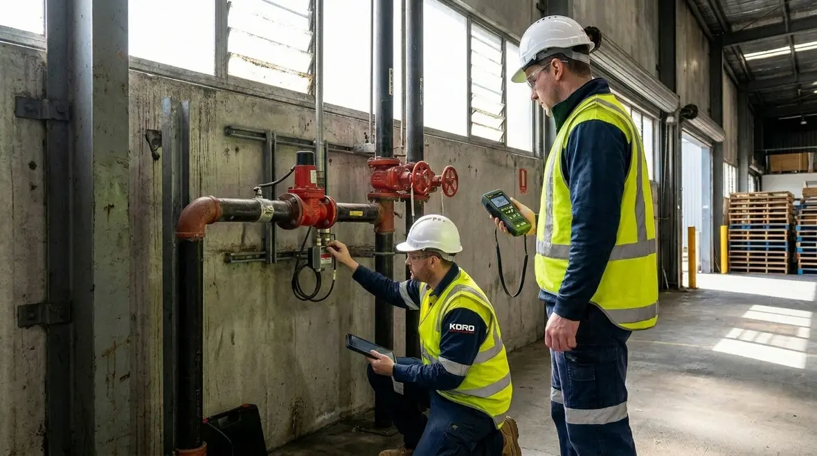 Facility technician inspecting standpipe pressure readings and valves