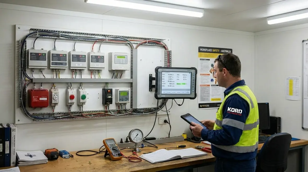 Technician reviewing standpipe system pressure monitoring equipment in Australia