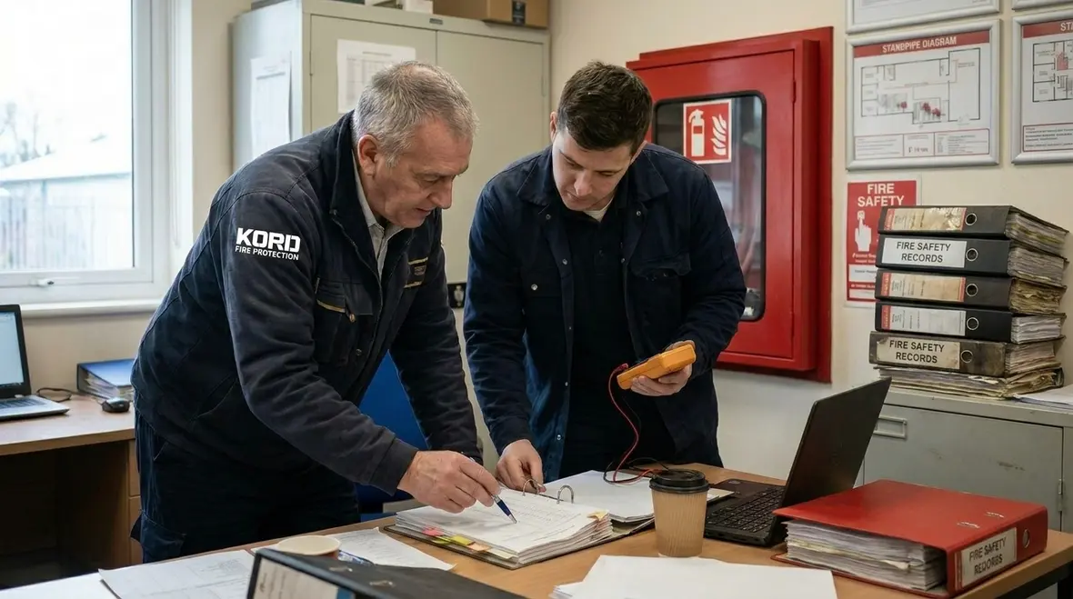Technician reviewing standpipe system pressure test results and diagnostics