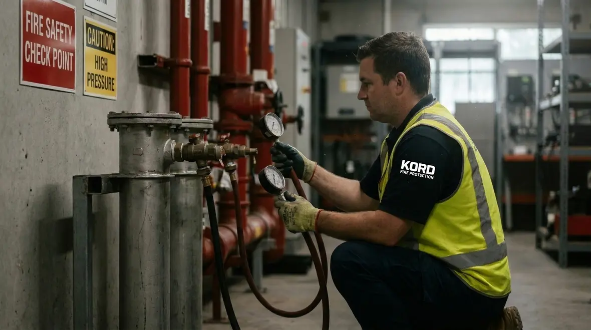 Technician measuring standpipe system pressure in the field
