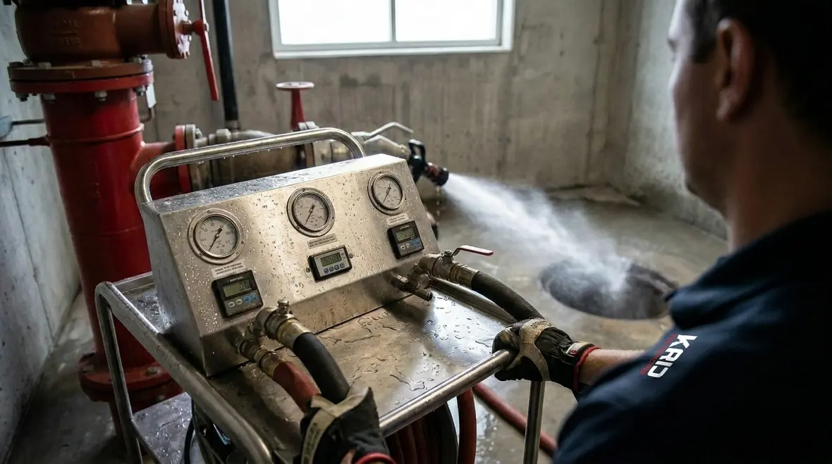 Technician performing standpipe system pressure testing in an Australian facility