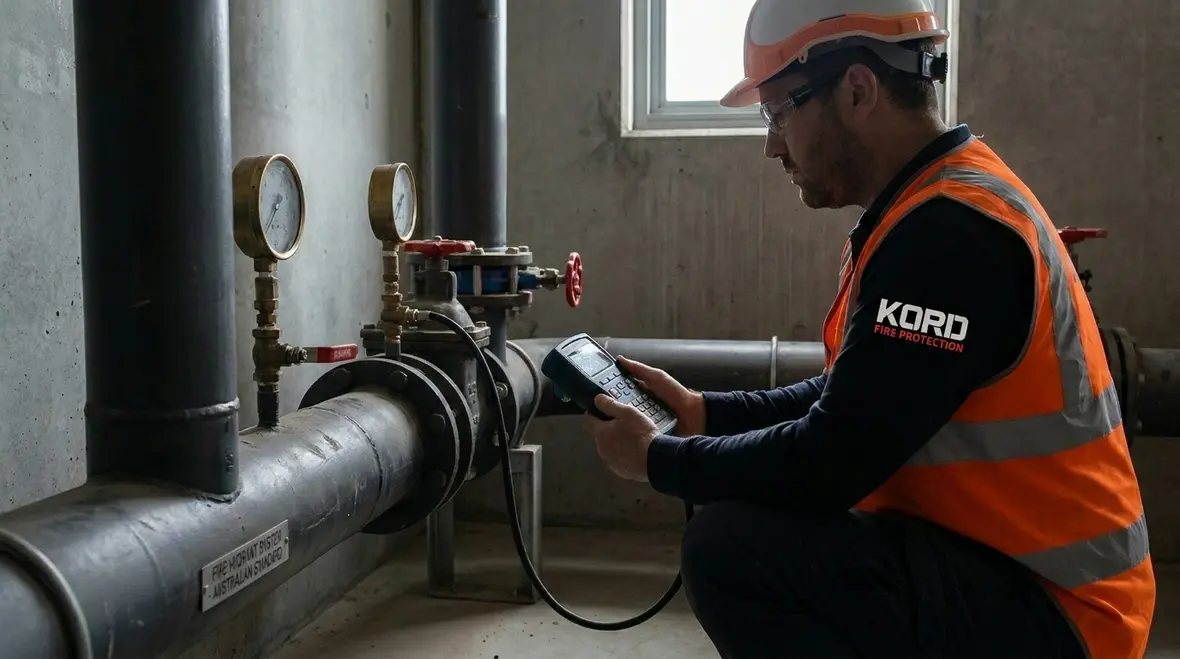 Technician checking standpipe pressure in a commercial building