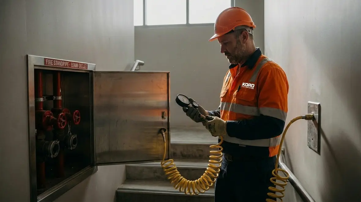 Technician performing operational testing on a high rise standpipe system in Australia