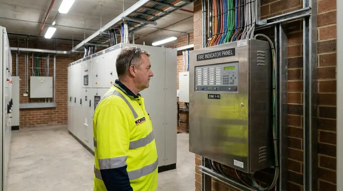 Fire alarm wiring and electrical power connections in a commercial Australian building