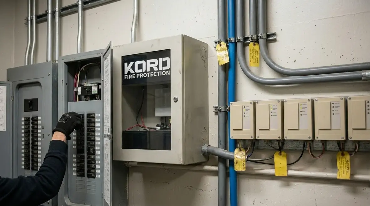 Electrical contractor reviewing fire alarm release circuits for clean agent system