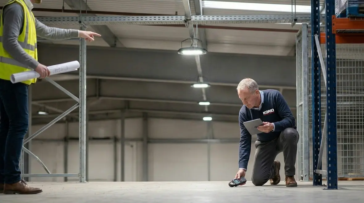 LED warehouse aisle lighting with uniform high-bay fixture placement