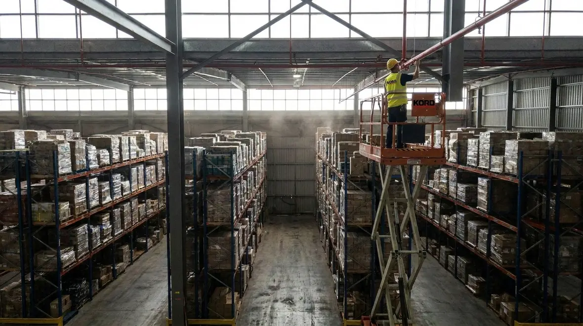 Warehouse sprinkler layout in high-stack storage facility