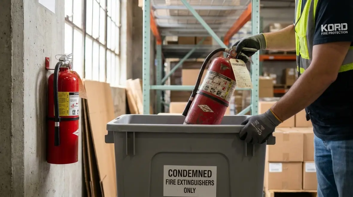 Technician evaluating whether to condemn a damaged fire extinguisher