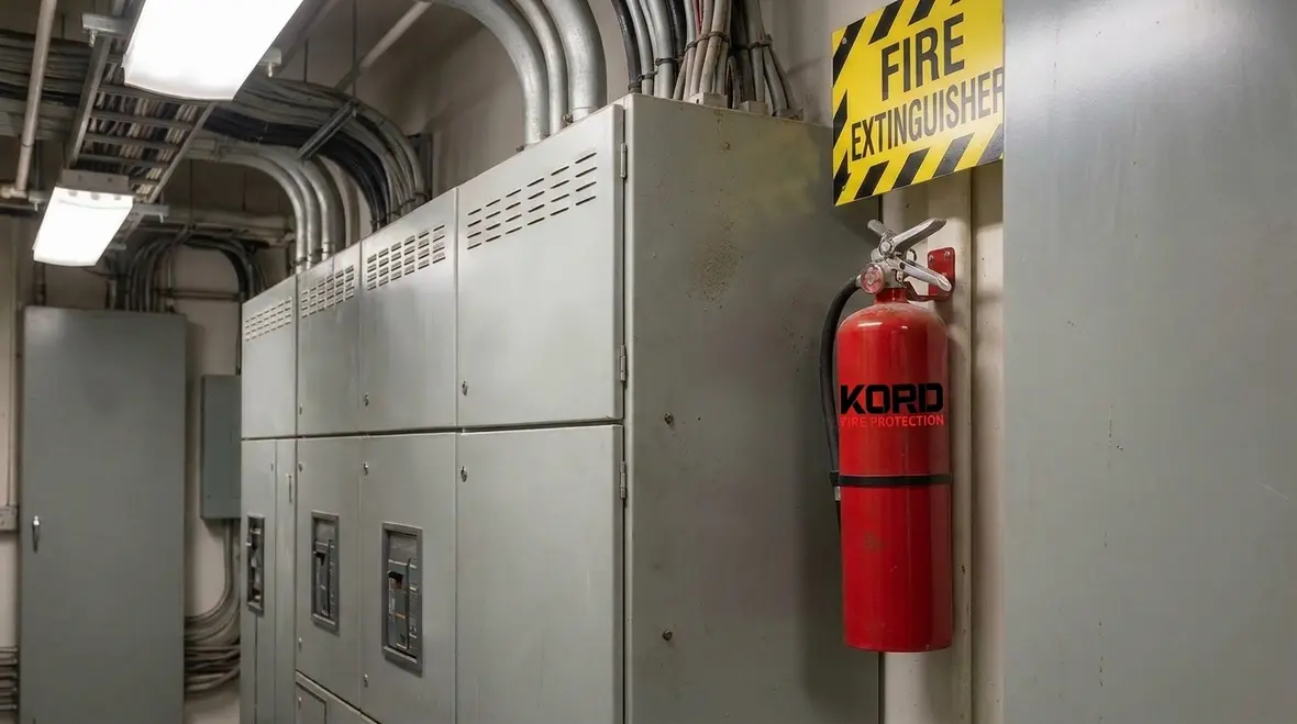 Fire extinguisher positioned for electrical and industrial hazards