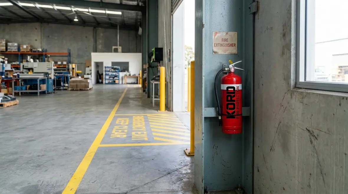 Wall mounted fire extinguisher near workplace hazard area