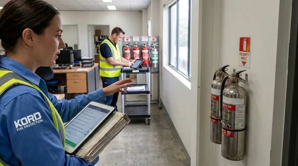 Commercial facility fire extinguisher compliance planning and testing