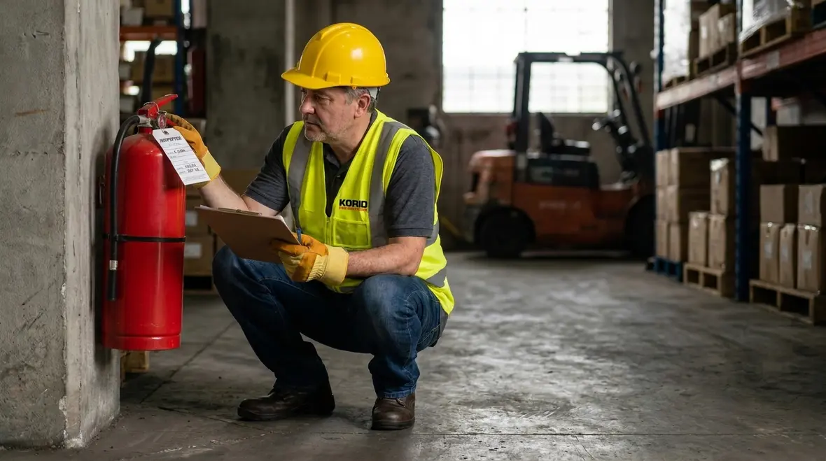 Inspector checking fire extinguisher label during compliance review