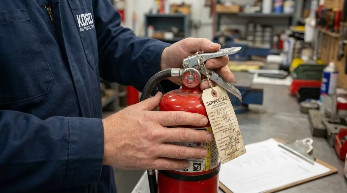 Commercial facility fire extinguisher inspection with clear labeling