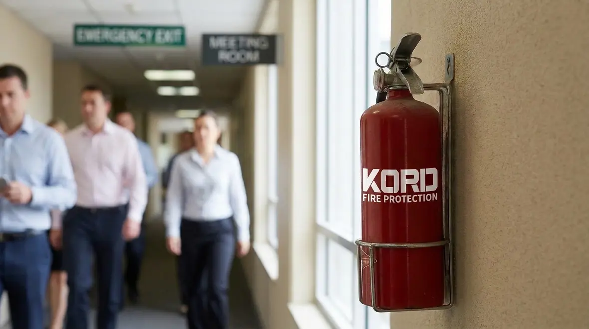 Portable fire extinguisher with visible listing and labeling details