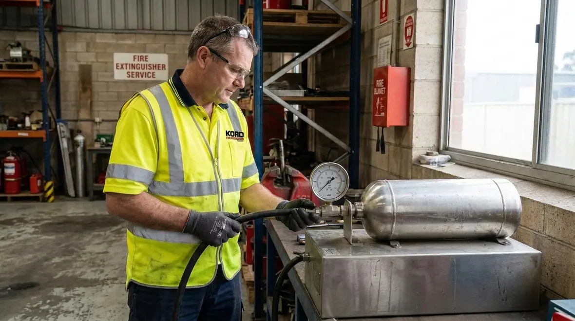 Technician preparing a fire extinguisher cylinder for hydrostatic testing
