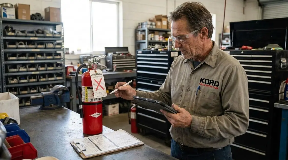 Close view of inspected fire extinguisher cylinders after testing
