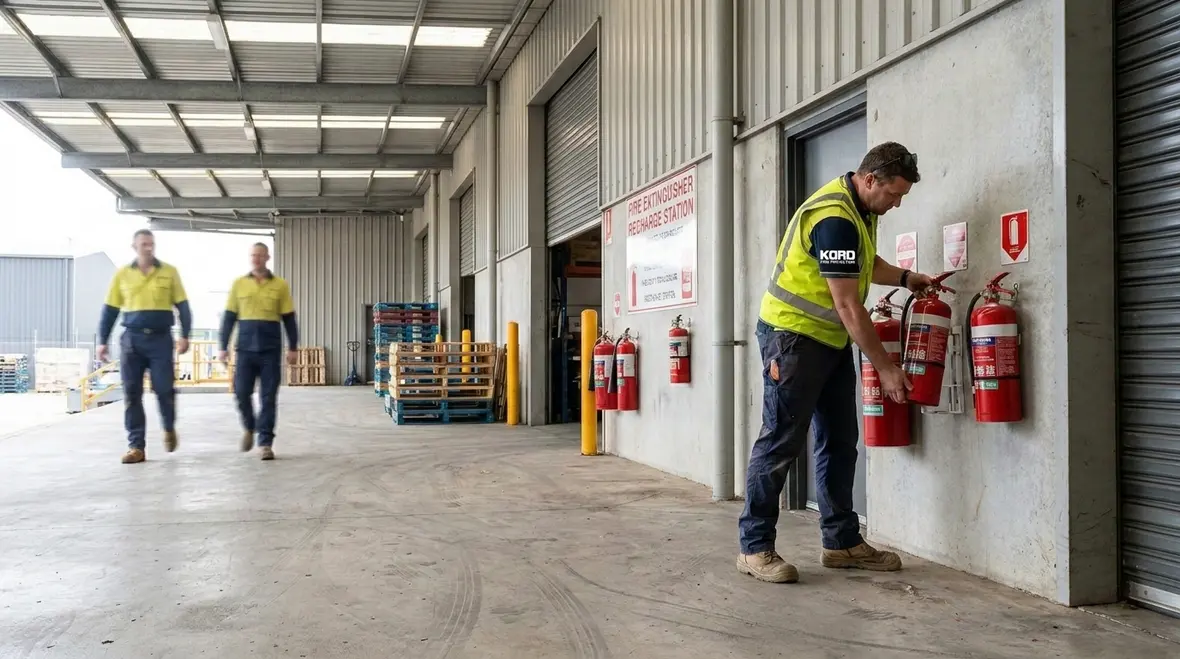 Fire extinguisher maintenance and recharge service by technician