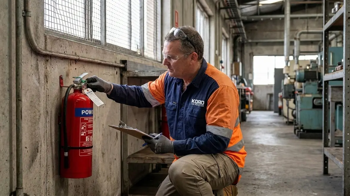 Technician inspecting commercial fire extinguisher under NFPA 10 requirements