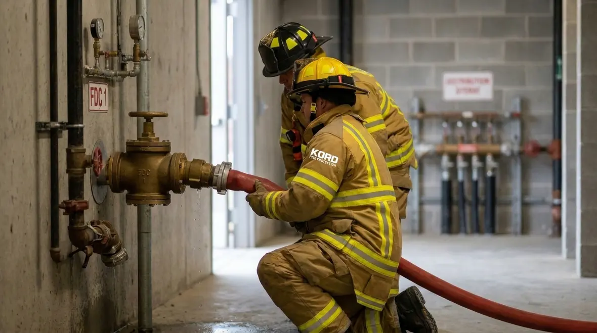 Accessible and labeled Fire Department Connection on a commercial building
