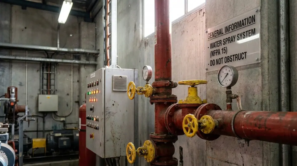 Water spray system signage mounted near fire protection equipment