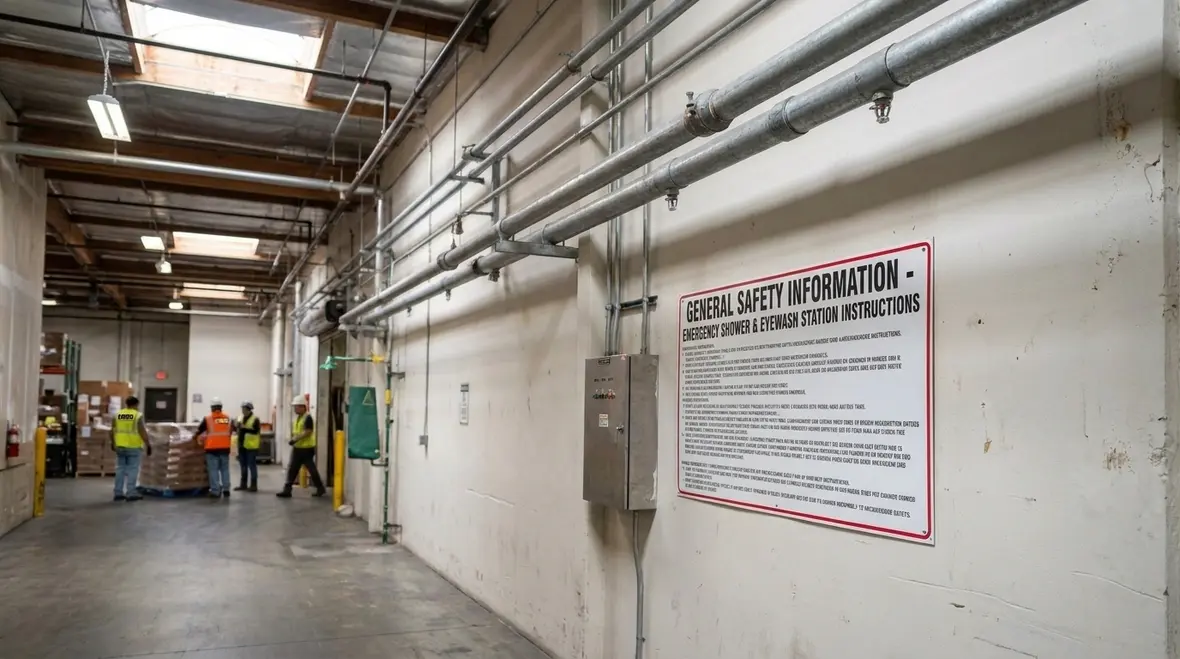 Fire protection signage and water spray system components on site