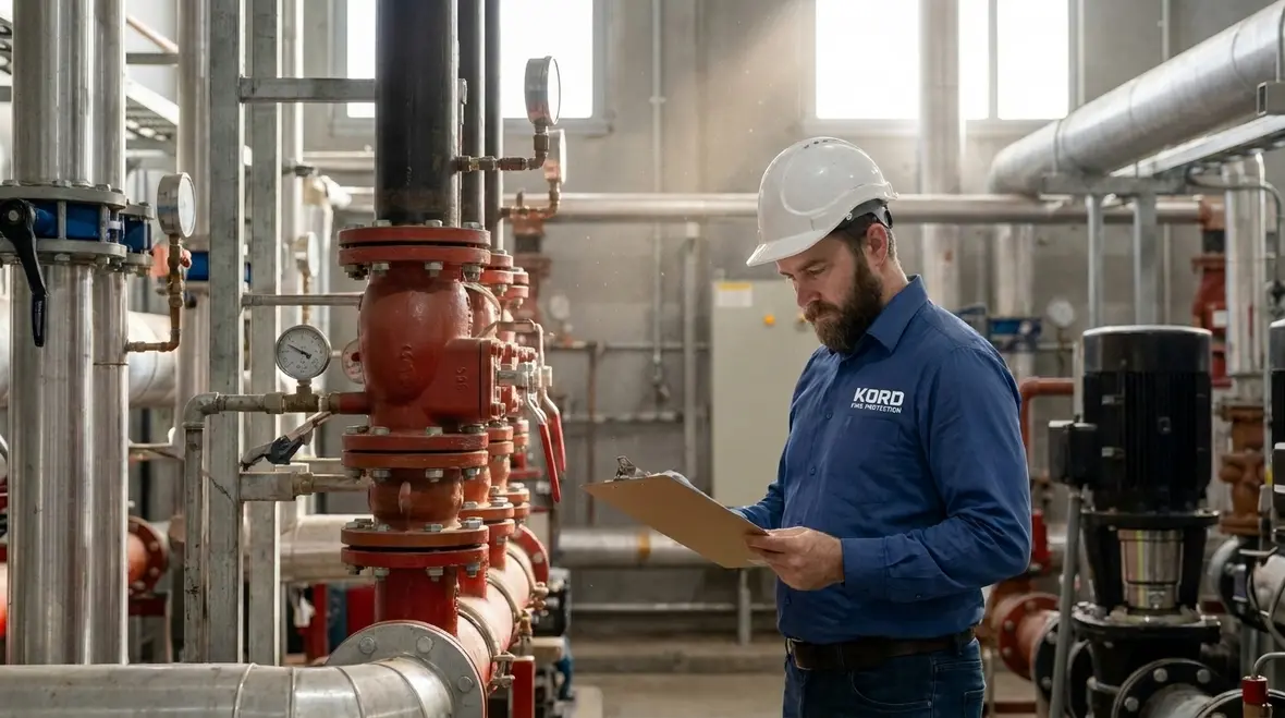 Engineer reviewing NFPA 15 water spray hydraulic calculation layout