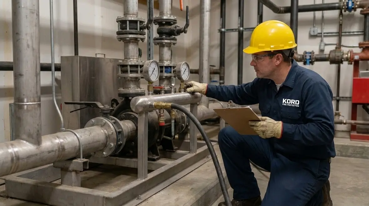 Technician preparing hydrostatic pressure test on water spray piping