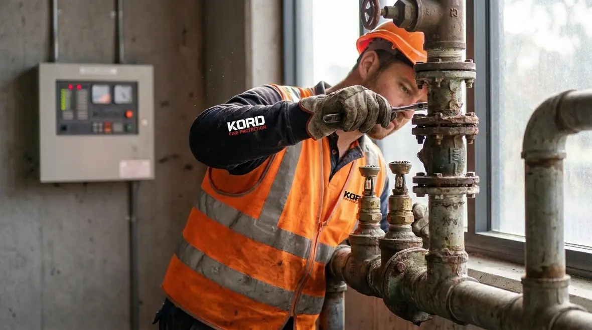Technician reviewing NFPA 15 water spray inspection points