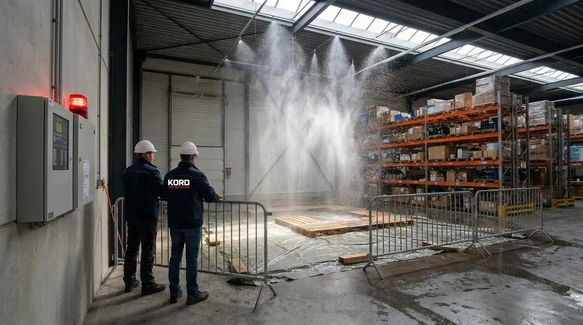 Technicians reviewing NFPA 15 Section 10.4 water spray system test points