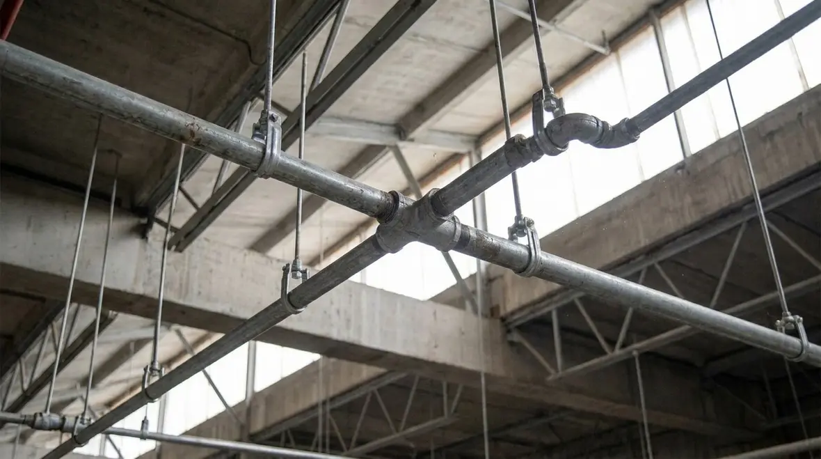Water spray piping supported by pipe hangers during NFPA 15 installation