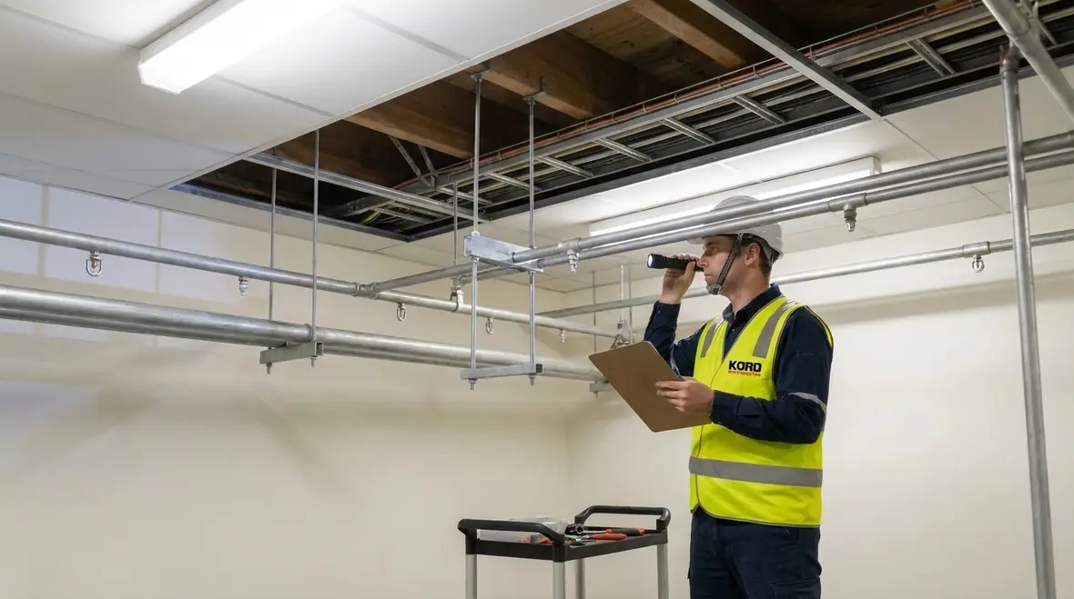Installer reviewing water spray pipe hanger placement for NFPA 15 compliance