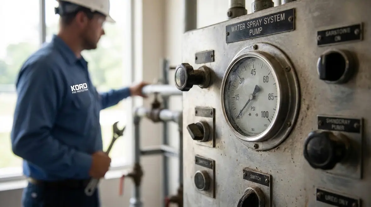 Fire protection maintenance technician servicing industrial gauge assembly