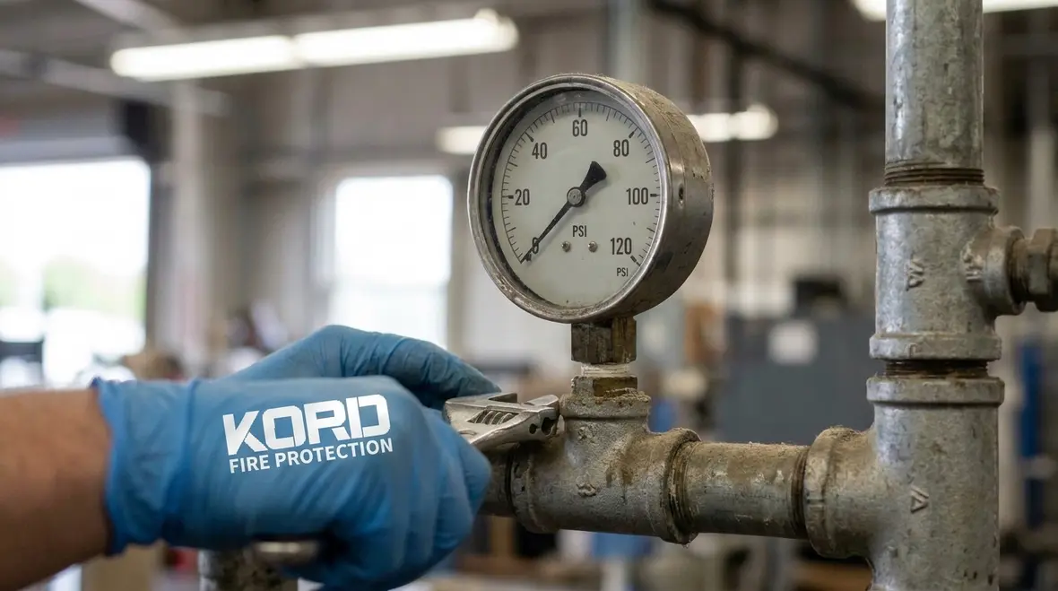 Technician reviewing pressure gauge on water spray fire protection system