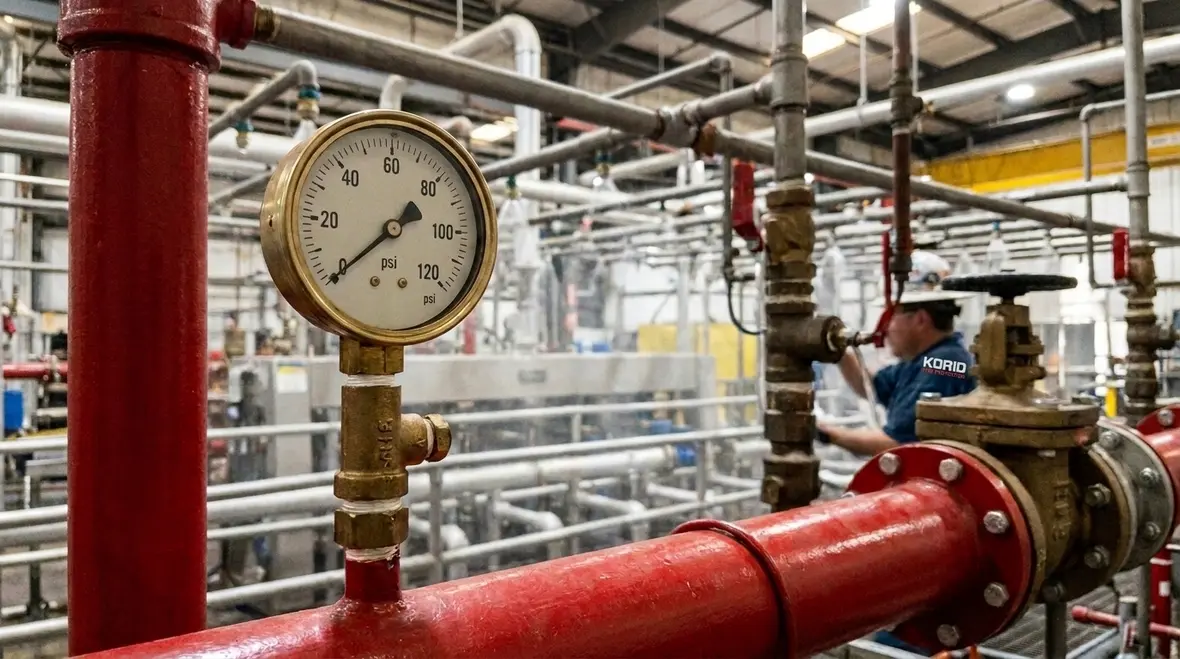 Pressure gauge on industrial water spray fire protection system