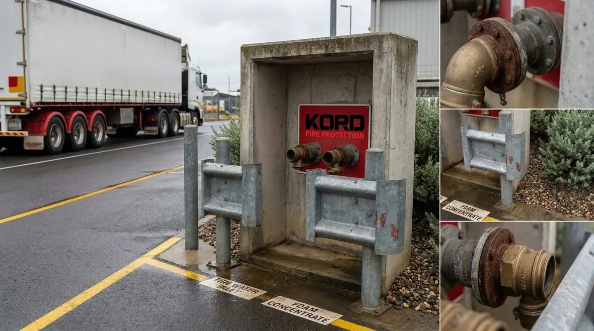 Protected foam water system fire department connection with signage and bollards