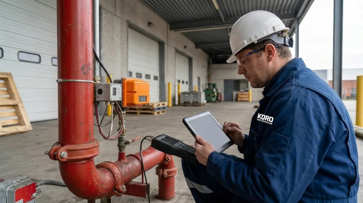 Technician performing fire suppression detection testing on foam water system controls