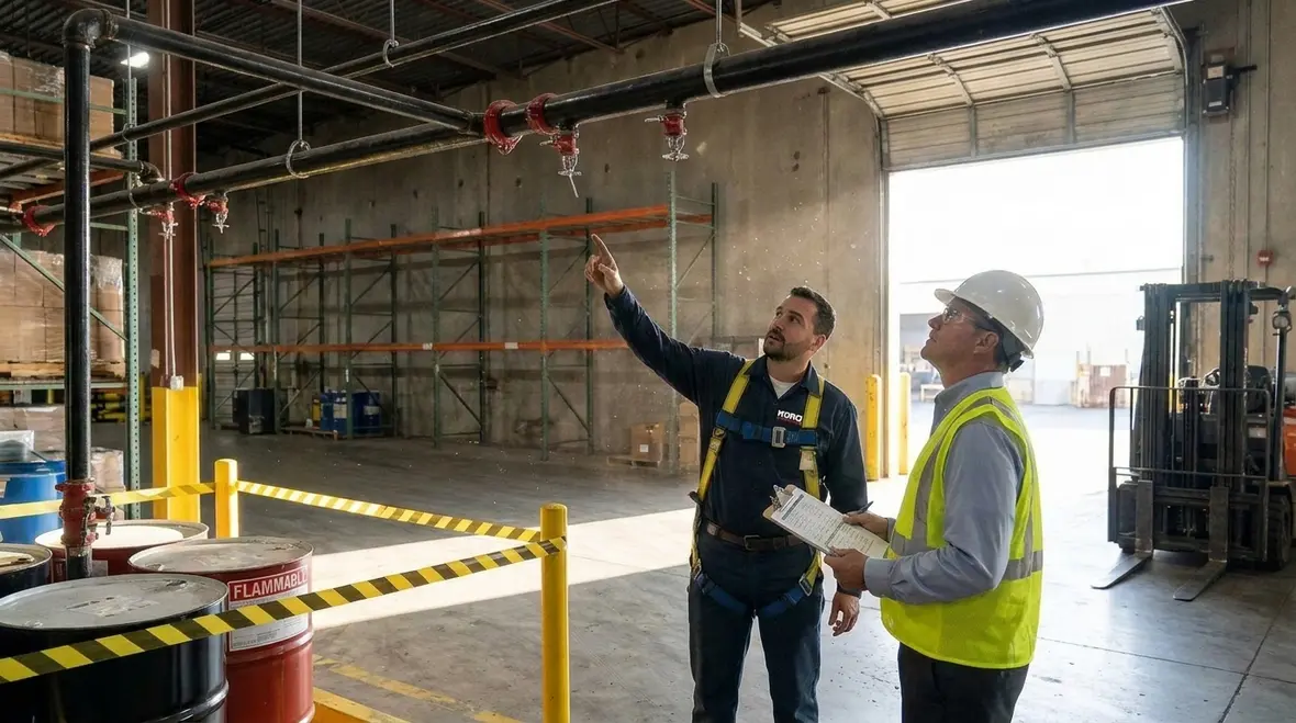 Facility team reviewing foam water system design before installation
